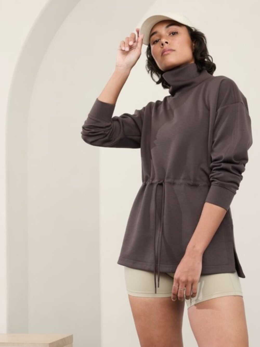 Athleta Sz S M Brown Balance Cinch Sweatshirt Pullover Cowl Neck Tencel Blend